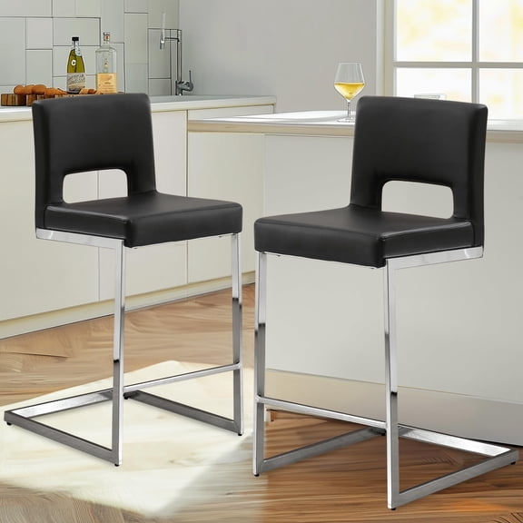 Modern Counter Height Bar Stools Set of 2, PU Leather Upholstered Armless Kitchen Island Stools with Hollow Backrest, 26" Seat Height, Chrome Metal Frame, Black