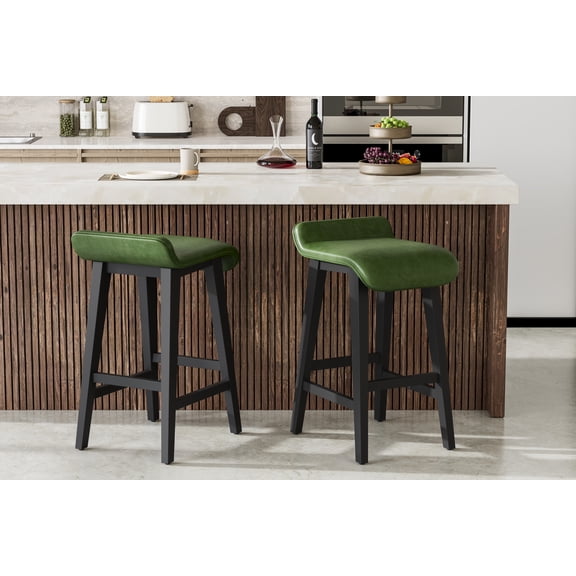 Modern Counter Height Bar Stools Set – Upholstered Wide PU Leather Seat, Sturdy Wood Frame, Low Back, Footrest – Perfect for Kitchen Island, Dining Room, Home Bar – Set of 2, Dark Green