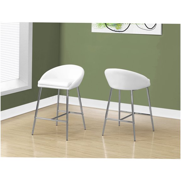 Modern Counter Height Bar Stools Set of 2, White Faux Leather and Chrome