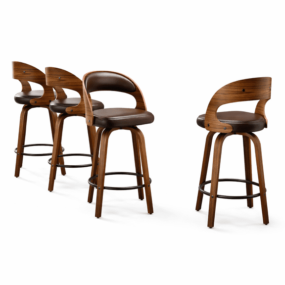 Modern Counter Height Bar Stools, Set of 4 with Curved Wood Back, Faux Leather Padded Seat and Integrated Footrest