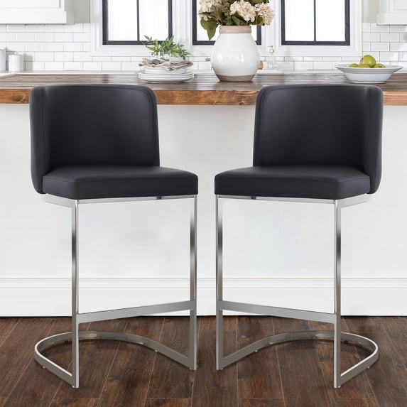 Modern Counter Height Bar Stools Upholstered PU Leather Bar Chairs, Set of 2, 26" with Back and C-Shaped Metal Frame Island Stools for Home Bar Kitchen Pub