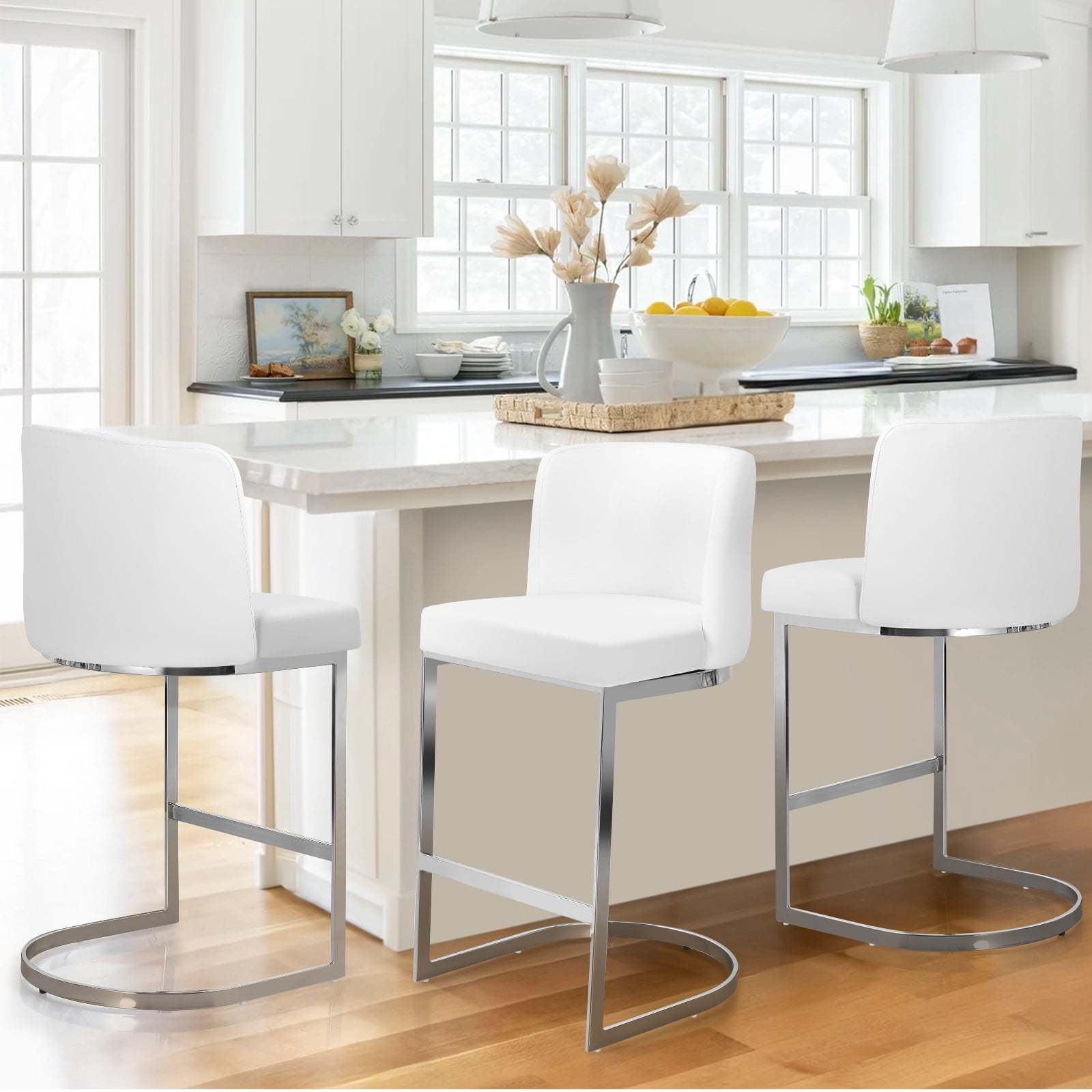 Modern Counter Height Bar Stools Upholstered PU Leather Bar Chairs, Set of 3, 26" with Back and C-Shaped Metal Frame Island Stools for Home Bar Kitchen Pub