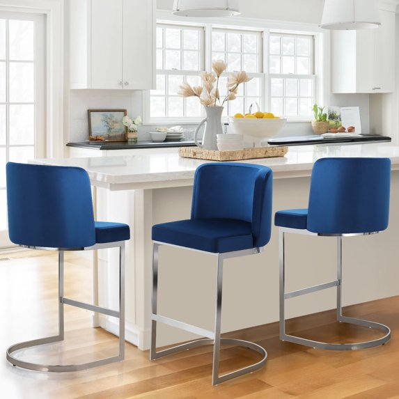 Modern Counter Height Bar Stools Upholstered Velvet Bar Chairs, Set of 3, 26" with Back and C-Shaped Metal Frame Island Stools for Home Bar Kitchen Pub