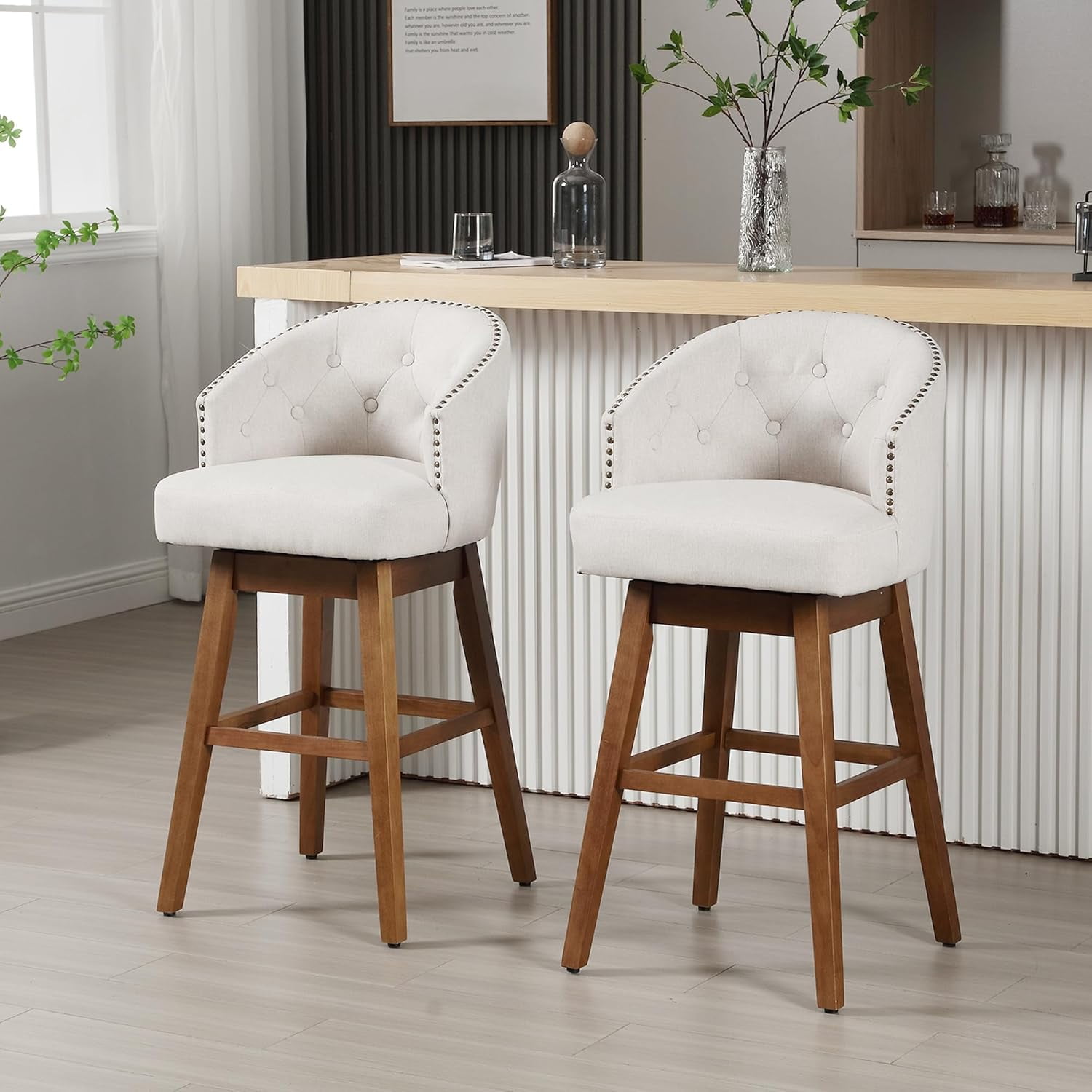 Button Back Stools Modern Counter Height Bar Stools with Button Tufted Back, 360 Swivel ...