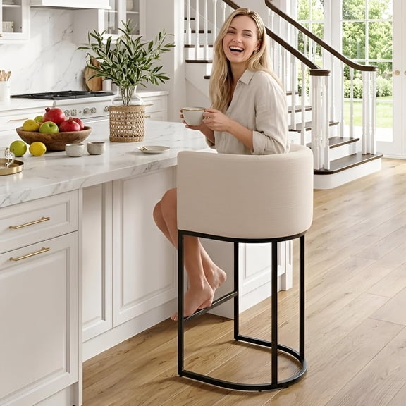 Modern Counter Height Linen Fabric Cream Upholstered Counter Stool, 29 Inch Kitchen Island Stool with Black Tubular Frame