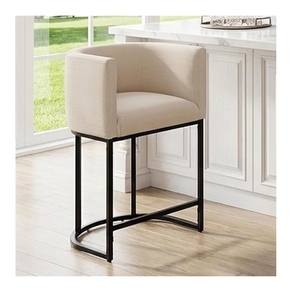 Modern Counter Height Linen Fabric Upholstered Counter Stool, 24 Inch Kitchen Island Stool with Black Tubular Frame, Cream