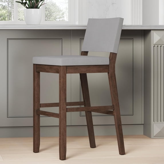 Modern Counter Height Stool with Back and Solid Rubberwood Legs in a Dark Wood Natural Light Grey/