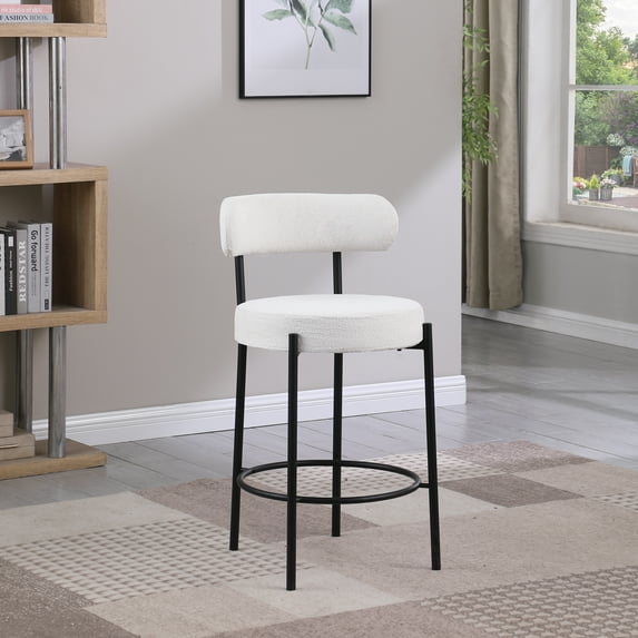 Modern Counter Height Stools Set of 2, Upholstered 26" Seat Height Barstools with Black Metal Legs, Round Low Back Kitchen Stools with Footrest, White