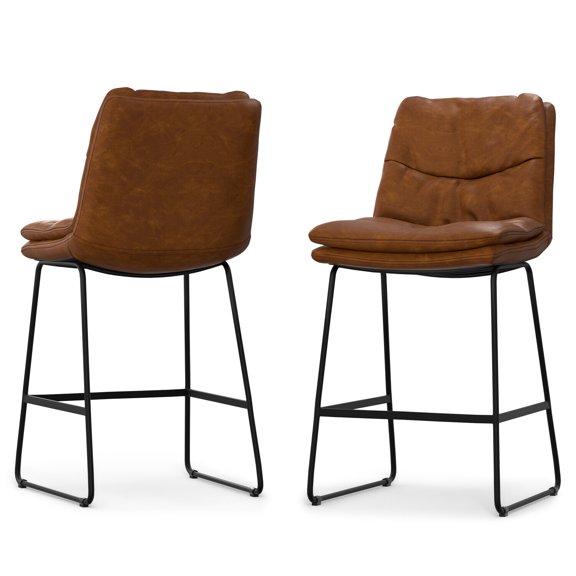 Modern Counter Height Stools Set of 2, Camel Brown Faux Leather