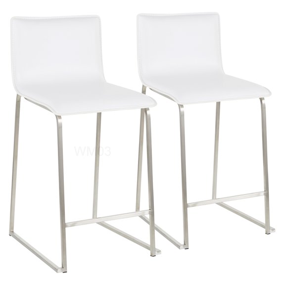 Modern Counter Height Stools, Set of 2, White Faux Leather and Brushed Metal