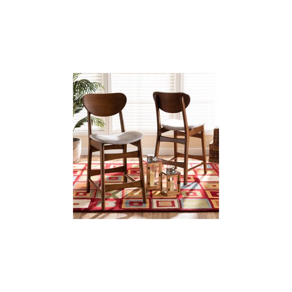 Modern Counter Stool Set of 2 - Grey Fabric Upholstery & Walnut Finish