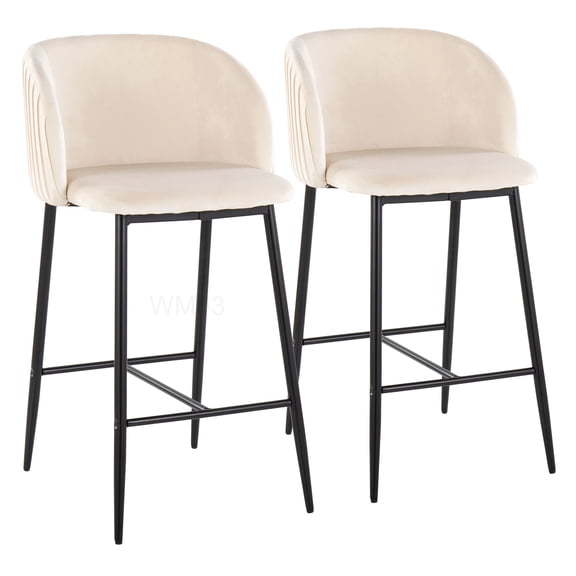 Modern Counter Stool Set with Pleated Velvet Back, Fixed-Height Stools in White for Kitchen Island