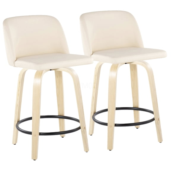 Modern Counter Stool Set with Swivel and Footrest, Cream Faux Leather Upholstery, Natural Wood Legs, 24 Inch Height, Pair of Bar Stools