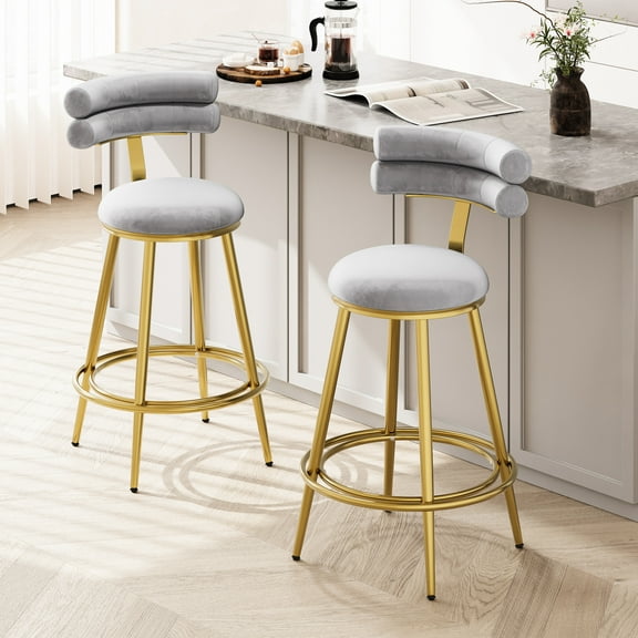 Modern Counter Stools Of 2, 27.65''. Dark Gray Velvet With Strong Iron Frame. Soft Back, Cushion And Footrest. For Home Decor. Fashionable & Practical 27.65'' Stools, 2. Frame, Cushy Back Seat For