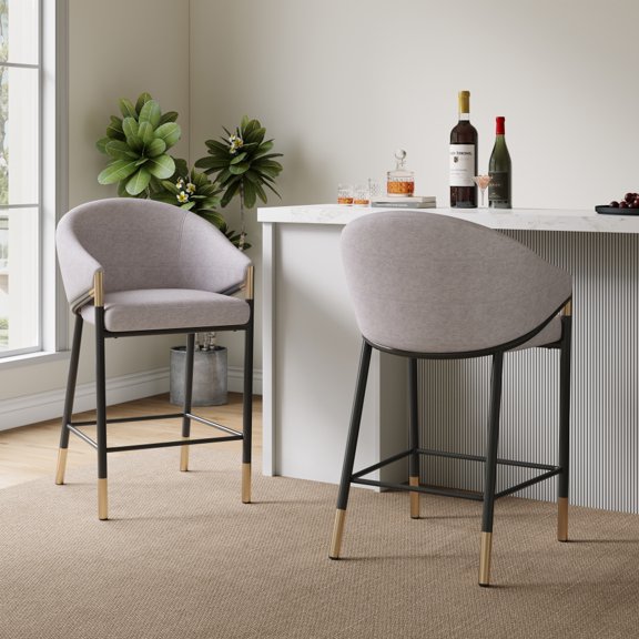 Modern Counter Stools Set of 2 with Curved Armrests & Gold Accents – 26'' Seat Height Upholstered Bar Stools with Black Metal Frame for Kitchen Island & Counter