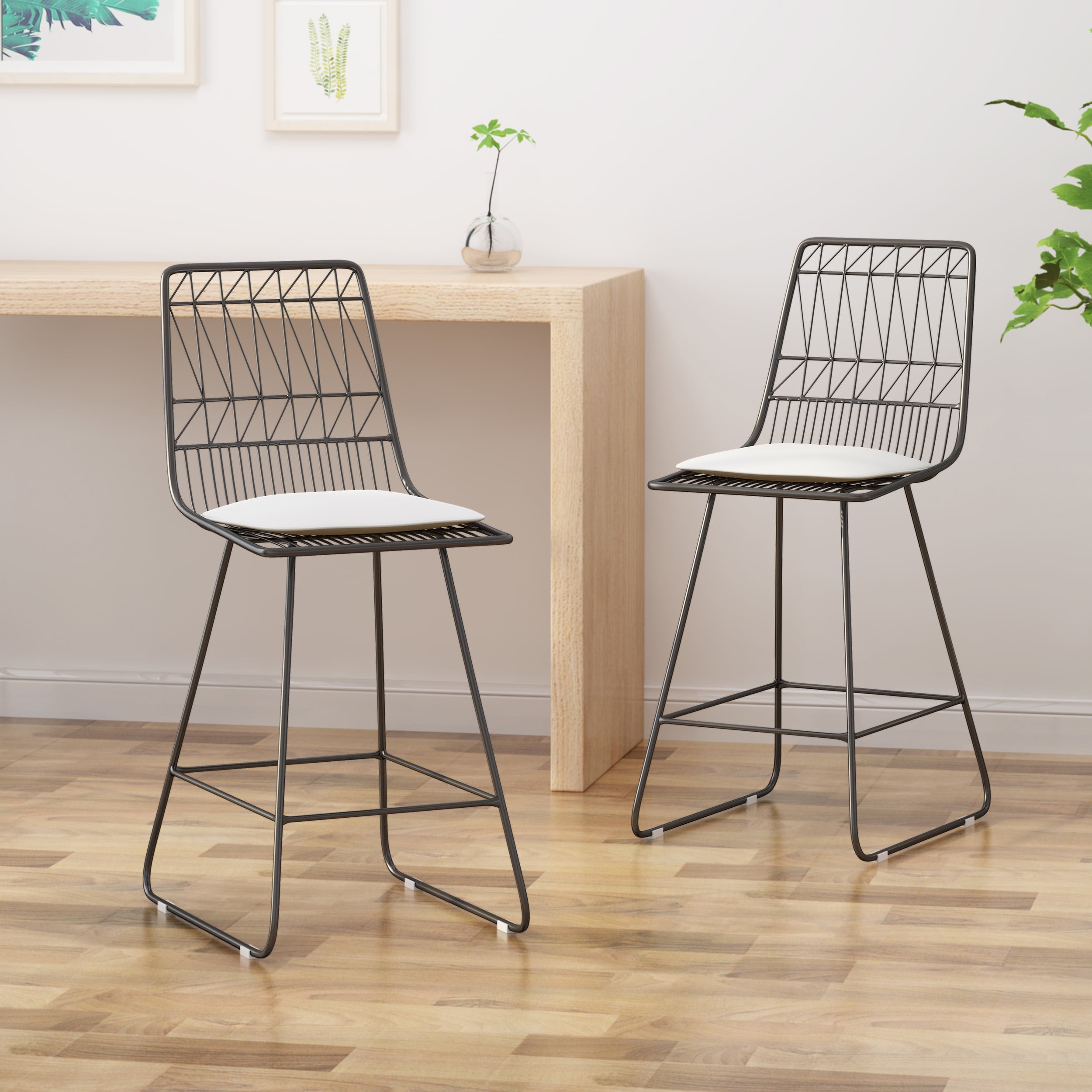 Modern Counter Stools Set of 2 Geometric Wire Bar Stools with Water Resistant Cushions for Indoor Outdoor Patio Kitchen in Grey Ivory