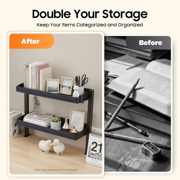 Modern Countertop Storage Rack, Burr-free Round Corner Design, Max 43mm Clamp Thickness. Easy Assembly Metal Shelf with Allen Key for Office Bedroom Living Room