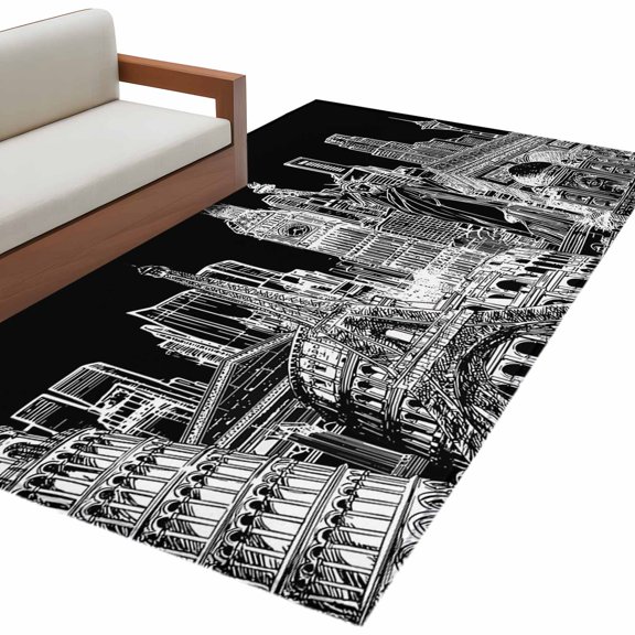 Modern Country Area Rug 4x6 Washable Rug Non Slip Abstract Global Landmarks Black Large Area Rug Indoor Floor Carpet for Entryway Bedroom Kitchen Living Room Home Office Dining Room Nursery