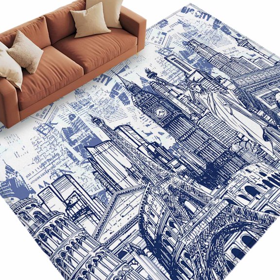 Modern Country Area Rug 5x7 Washable Rug Non Slip Abstract Global Landmarks Blue Large Area Rug Soft Stainresistant Indoor Floor Carpet for Living Room Bedroom Home Office Dining Room Nursery