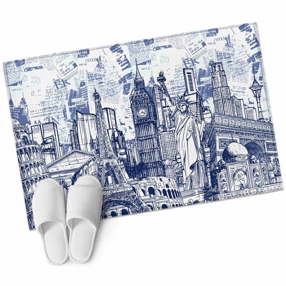 Modern Country Bathroom Rug Washable 2x3 Entryway Rug Non Slip Abstract Global Landmarks Blue Front Door Mat Low Pile Indoor Doormat Throw Floor Carpet for Kitchen Bedroom Entrance