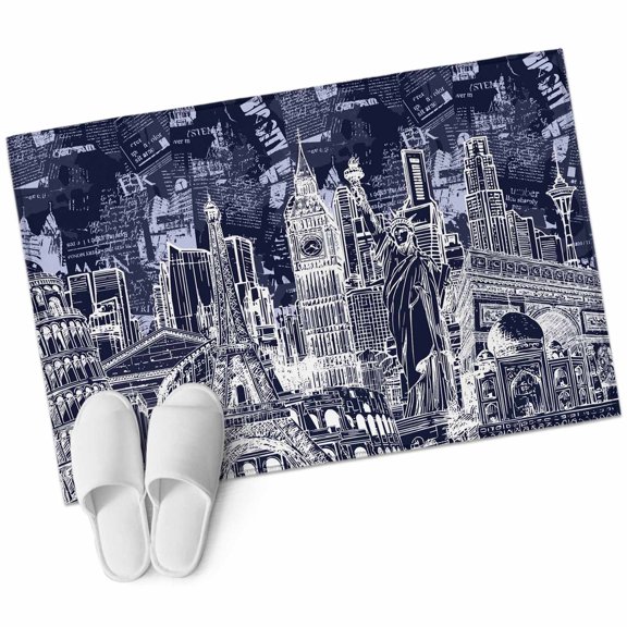 Modern Country Bathroom Rug Washable 2x3 Entryway Rug Non Slip Abstract Global Landmarks Navy Blue Front Door Mat Low Pile Indoor Doormat Throw Floor Carpet for Kitchen Bedroom Entrance