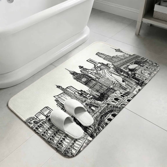 Modern Country Bathroom Rugs Non Slip Washable Bath Mat Absorbent Low Pile Front Door Mat Abstract Global Landmarks Black Grey Indoor Doormat for Kitchen Entryway Shower Decor Accessories 15.7"x23.6"