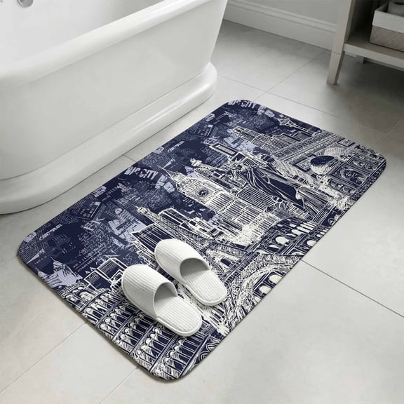 Modern Country Bathroom Rugs Non Slip Washable Bath Mat Absorbent Low Pile Front Door Mat Abstract Global Landmarks Navy Blue Indoor Doormat for Kitchen Entryway Shower Decor Accessories 15.7"x23.6"
