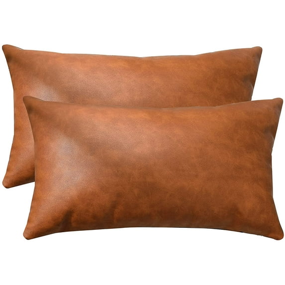Modern Country Decor for Bedroom & Living Room Brown Faux Leather Farmhouse Lumbar Pillows, 12x20 Inch Set of 2