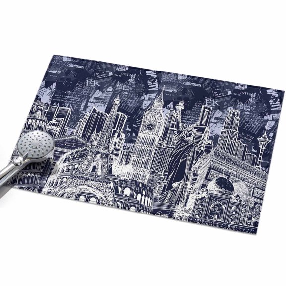 Modern Country Entryway Rug 2x3ft Washable Non Slip Bathroom Rug Indoor Floor Front Door Mat Abstract Global Landmarks Navy Blue Rectangle Area Rugs Carpet for Kitchen Office Dining Room Home