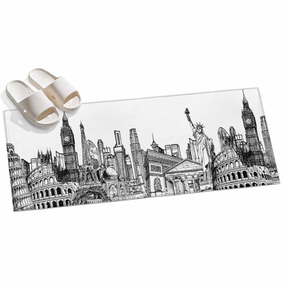 Modern Country Hallway Runner Rug 2x6 Washable Non Slip Kitchen Runner Rug for Bedside Bathroom Abstract Global Landmarks Black Grey Indoor Floor Carpet Area Rugs for Living Room Bedroom Office