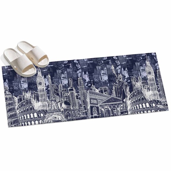 Modern Country Hallway Runner Rug 2x6 Washable Non Slip Kitchen Runner Rug for Bedside Bathroom Abstract Global Landmarks Navy Blue Indoor Floor Carpet Area Rugs for Living Room Bedroom Office