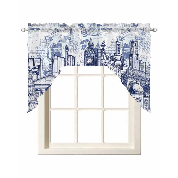 Modern Country Kitchen Swag Valances for Windows, Abstract Global Landmarks Blue Swag Valances Curtains for Living Room, Rod Pocket Window Treatments for Bathroom, Bedroom, Cafe, 56"x36"