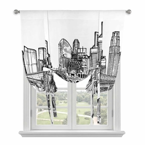 Modern Country Tie Up Curtains for Window, Thermal Insulated Balloon Shade Adjustable Rod Pocket Curtains Valance Panels for Kitchen Bathroom Cafe 34 x 45 Abstract Global Landmarks Black Grey