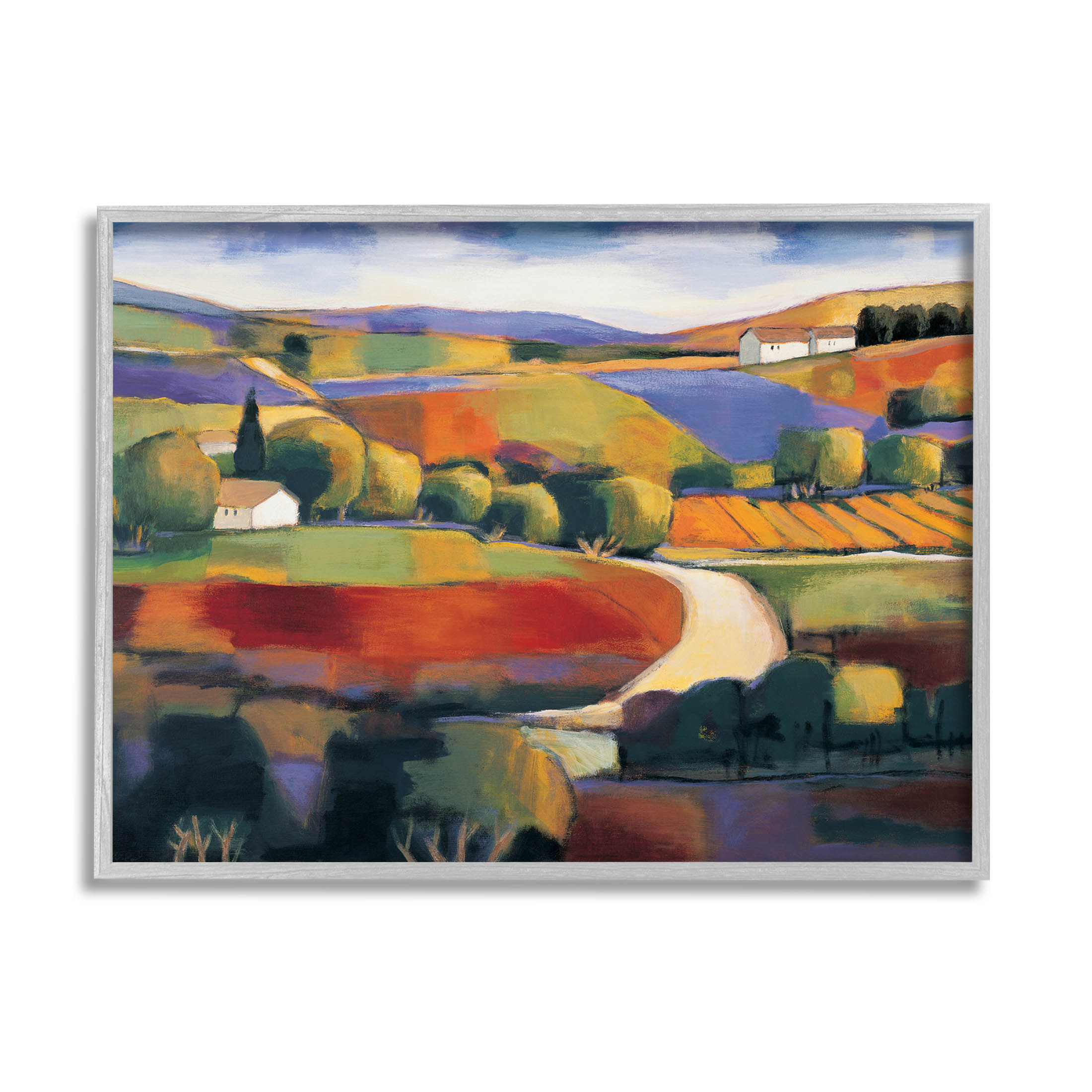 Modern Countryside Farm Town Landscape Painting Gray Framed Art Print Wall Art
