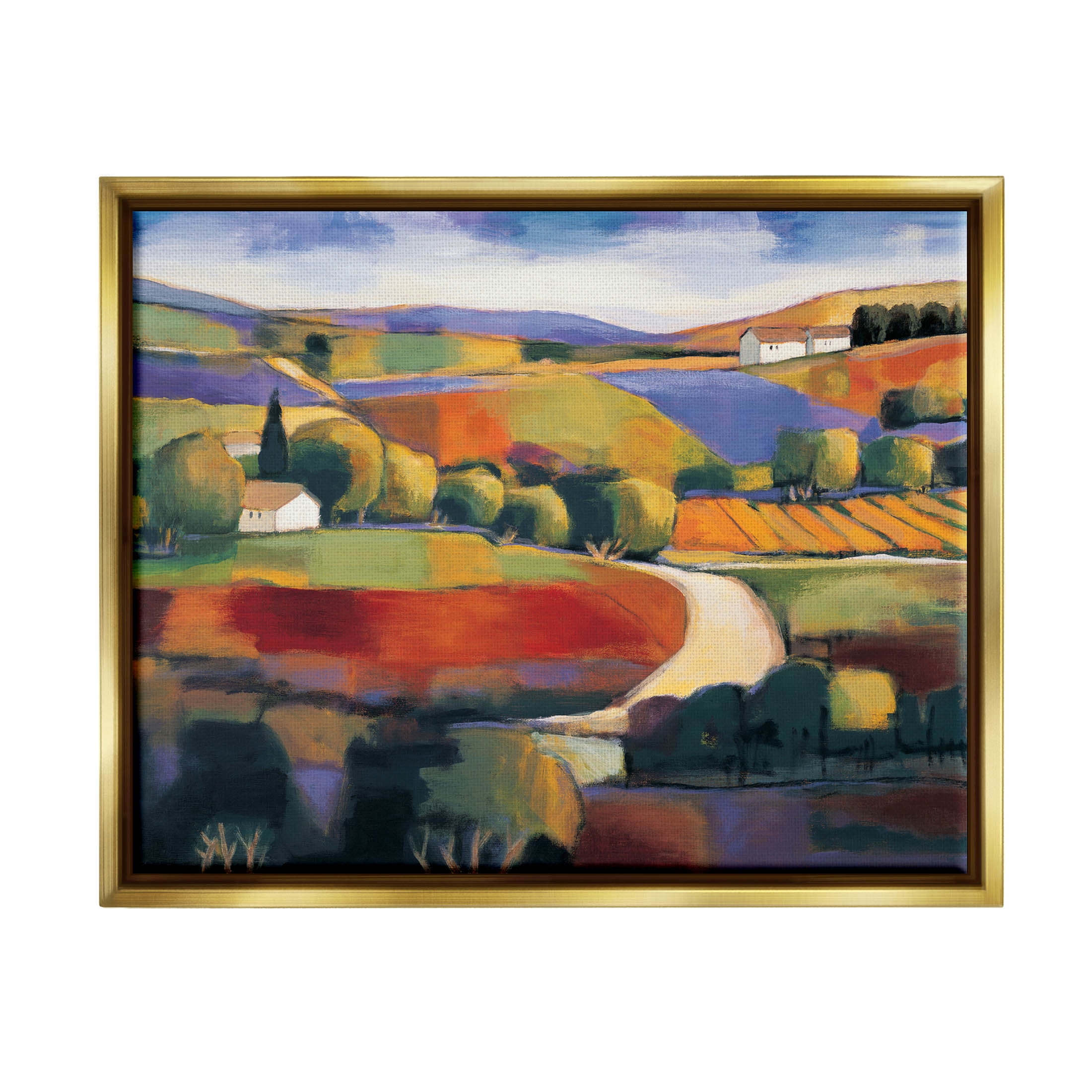Modern Countryside Farm Town Landscape Painting Metallic Gold Framed Art Print Wall Art