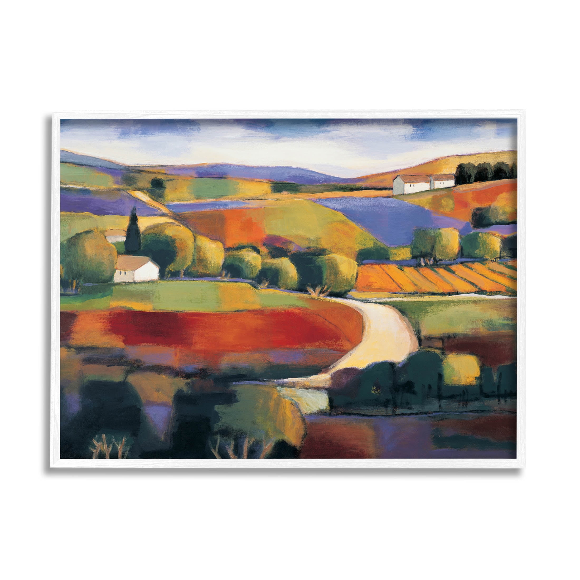 Modern Countryside Farm Town Landscape Painting White Framed Art Print Wall Art