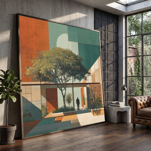 Modern Courtyard Scene Art Geometric Wall Art Architectural Tree Design Urban Landscape Art Home Decor Artwork