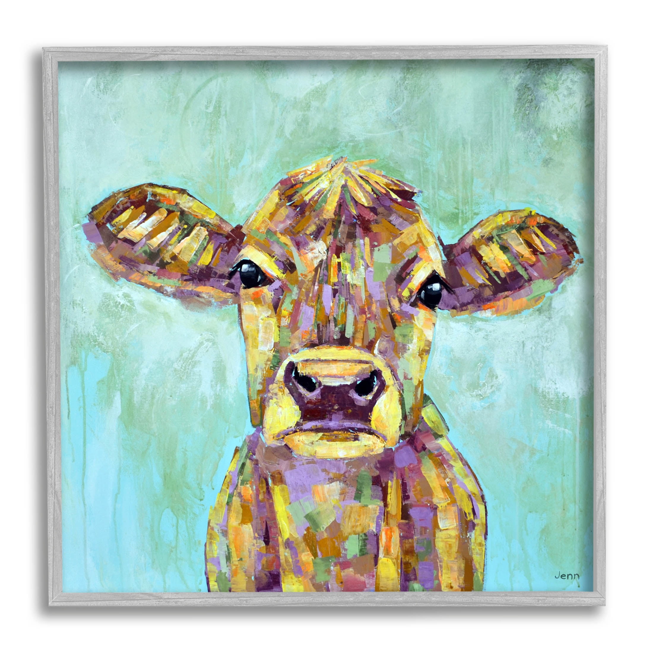 Modern Cow Farm Animal Portrait Animals & Insects Painting Gray Framed Art Print Wall Art