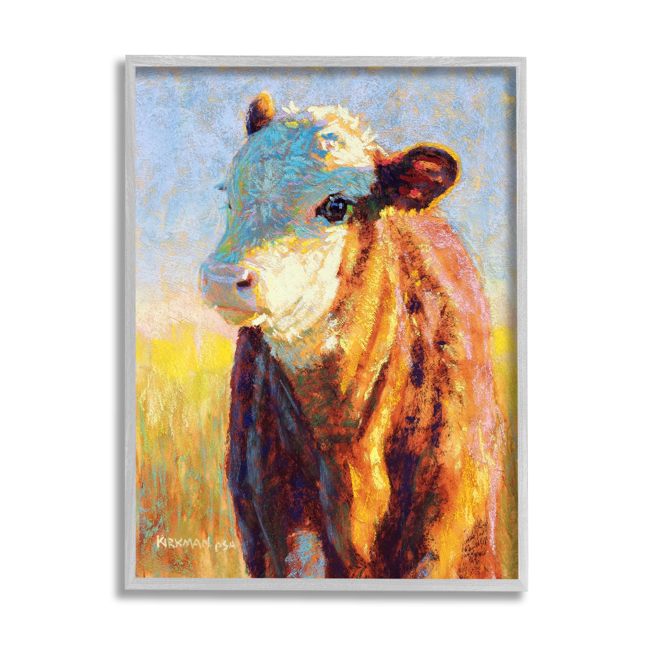 Modern Cow Portrait Impressionism Animals & Insects Painting Gray Framed Art Print Wall Art