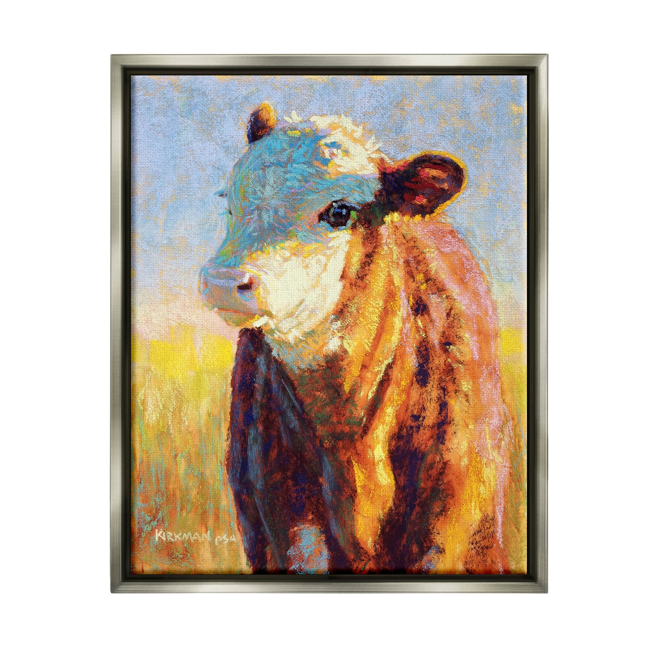 Modern Cow Portrait Impressionism Animals & Insects Painting Luster Gray Framed Art Print Wall Art
