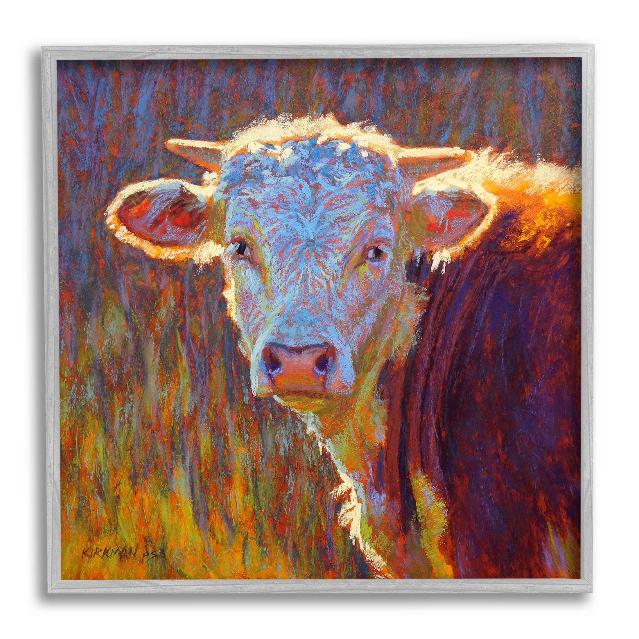 Modern Cow Portrait Impressionist Animals & Insects Painting Gray Framed Art Print Wall Art