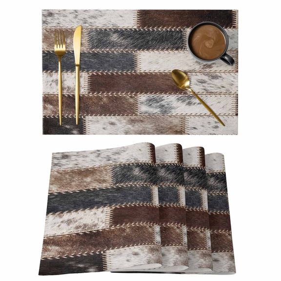 Modern Cow Print Placemats Set of 8 Country Patchwork Cowhide Fur Brown Grey Place Mats Indoor Wipeable Table Mats Washable Dining Table Placemats for Kitchen Holiday Party Home Decor 13x19 Inch