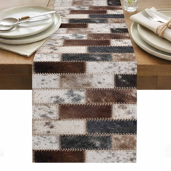 Modern Cow Print Table Runner Country Patchwork Cowhide Fur Brown Grey Tablerunners 13 x 36 Inch, Table Decorations Tabletop Scarf for Summer Gathering Holiday Farmhouse Kitchen Dining Decor