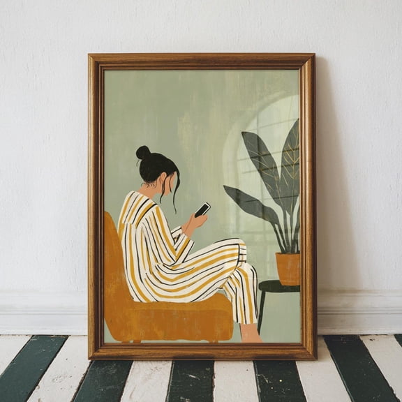 Modern Cozy Lifestyle Wall Art Poster, Scrolling On The Phone, Slow Mornings, Wall Art, Minimalist Poster Living Room Wall Art, Stretched Canvas Size 16x24