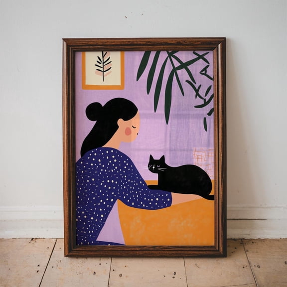 Modern Cozy Lifestyle Wall Art Poster, Woman With Black Cat, Slow Mornings, Wall Art, Minimalist Poster Living Room Wall Art, Stretched Canvas Size 12x18