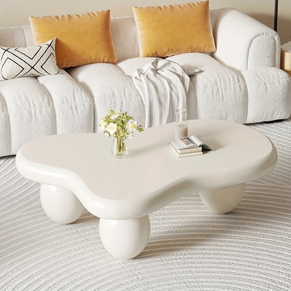 Modern Cream Cloud Shaped Coffee Table with Three Oval Legs, Unique Irregular Asymmetrical Pedestal Center Table for Living Room, Office, or Farmhouse Decor