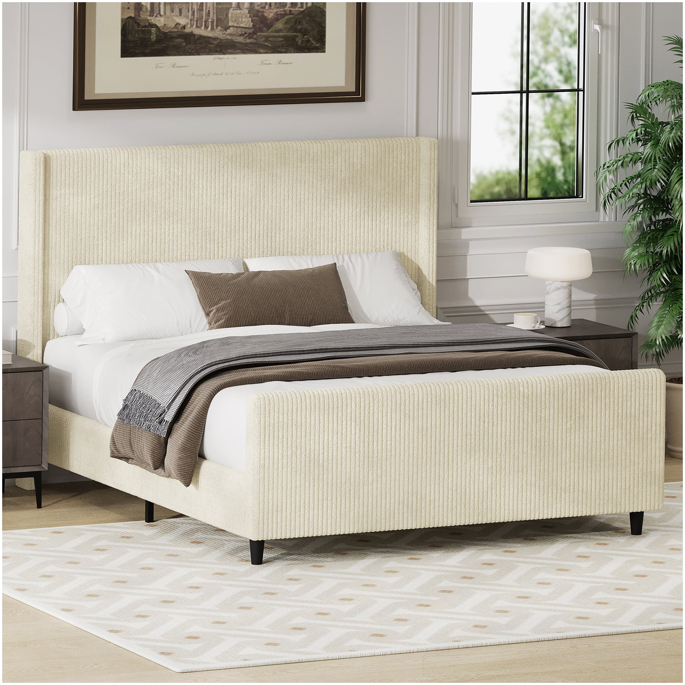 Modern Cream Corduroy Upholstered Queen Bed, Wingback Headboard Platform Frame with Storage Space