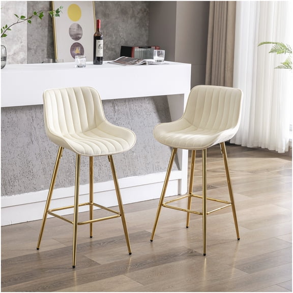Modern Cream Fabric Bar Stools Set of 2 with Golden Frame and Footrail