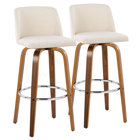 Modern Cream Fabric Bar Stools with Swivel and Walnut Legs - Pair of 2