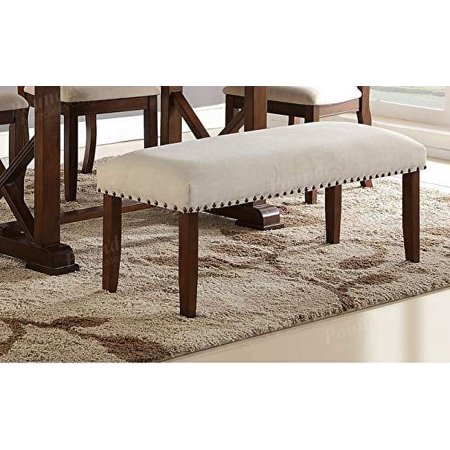 Modern Cream Seat Cushion Dining Bench with Rubber Wood and Stud Accents